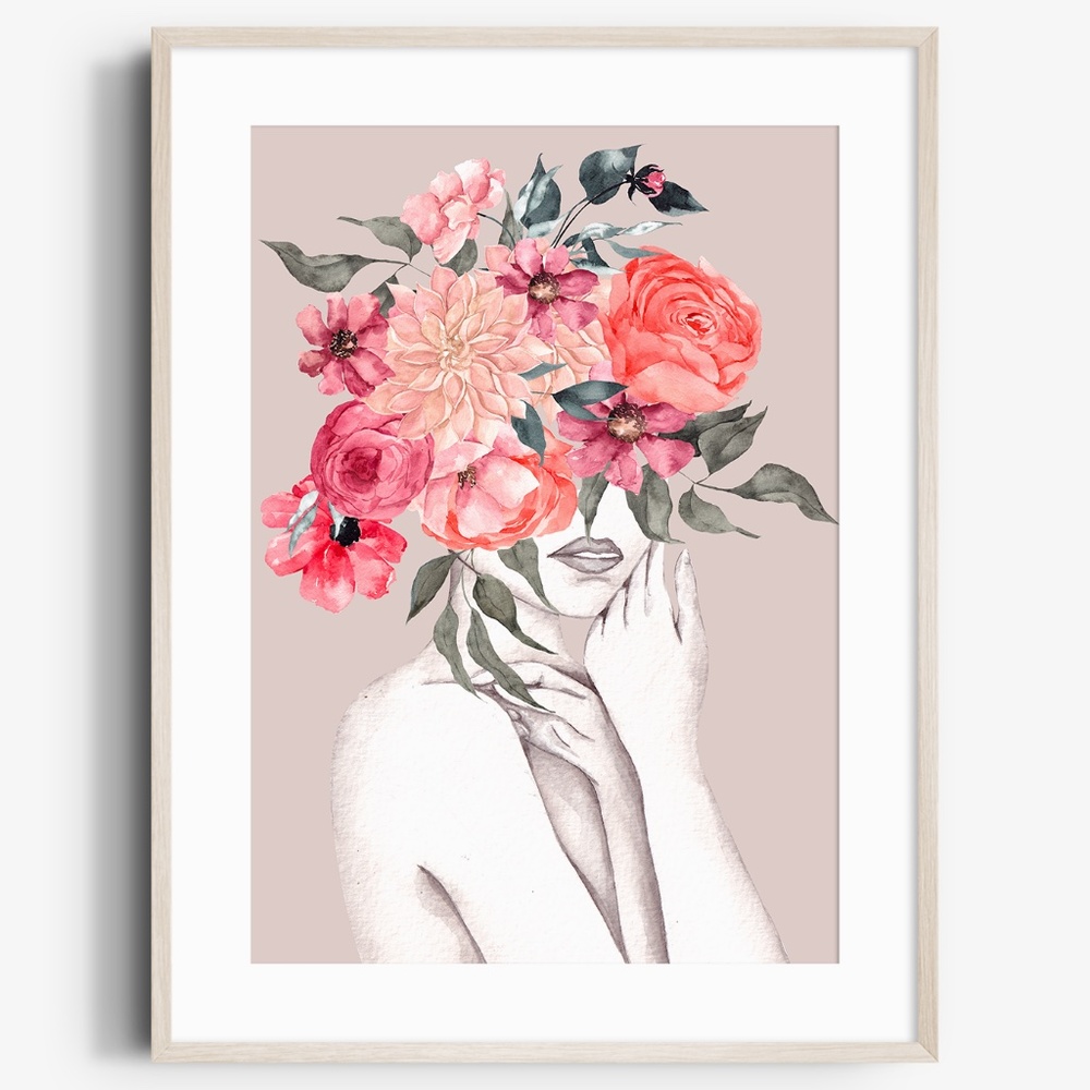 Watercolor Floral Woman Portrait Wall Art Illustration Print Poster Unframed